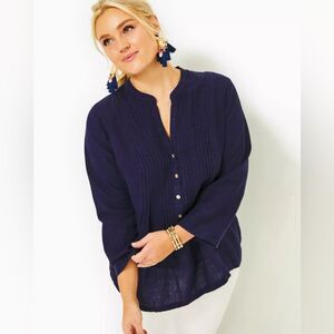 Linen Sarasota Tunic Top in True Navy